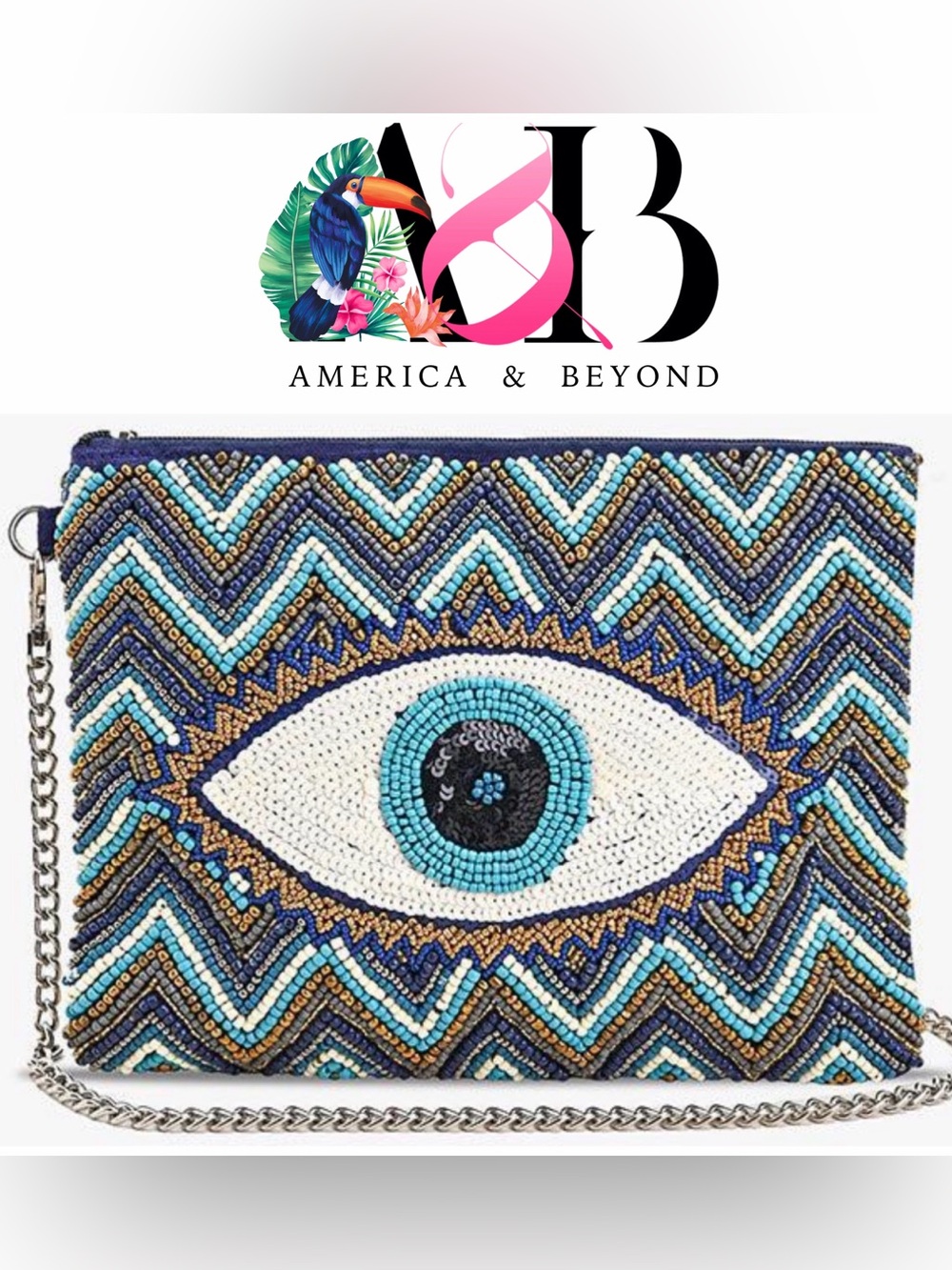 America & Beyond Evil Eye Beaded Convertible Clutch Crossbody Blue Gold Boho